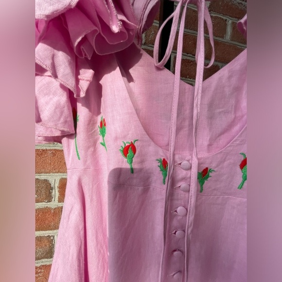 NWOT Fanm Mon Aster Pink Demre Linen Embroidered Maxi Dress Ruffle Sleeve SIZE S - Picture 6 of 9